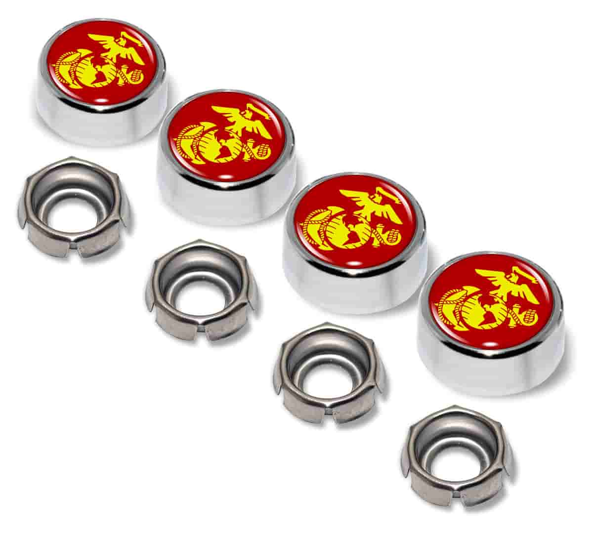 U.S. Marine Corps Red Emblem - USMC License Plate Screw Caps - Chrome Metal Set of 4